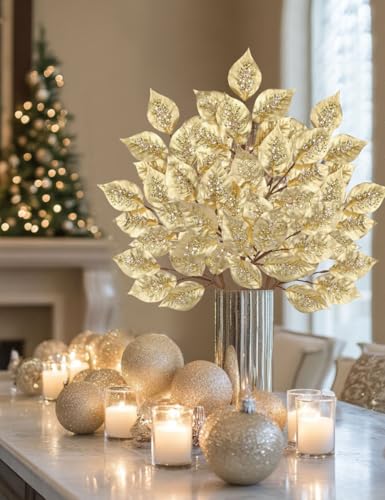 Oairse Champagne Elm Christmas Tree Picks, 31.5-Inch Gold Artificial Branches, 3 Pcs Holiday Decor