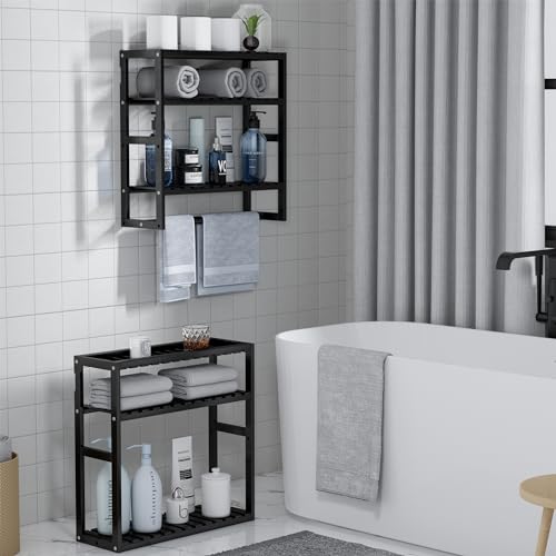 PPN Adjustable Bamboo Bathroom Wall Shelf with Towel Bar - Black Floating Rack