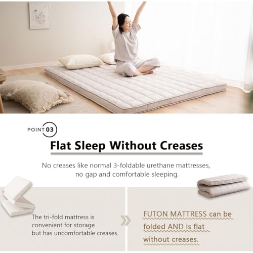 Japanese Padded Futon Mattress, Queen Size Foldable Floor Sleeping Bed