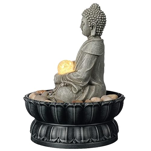 Meditating Buddha Tabletop Water Fountain with LED Glass Orb - 9.6 Inch