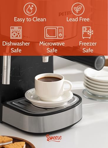 Sweese White 2.5oz Stackable Espresso Cups with Saucers & Metal Stand Set of 4