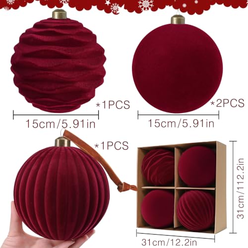 Waipfaru Burgundy Red Velvet Christmas Ornaments Set, 4pcs 5.9 Inch Large Holiday Baubles