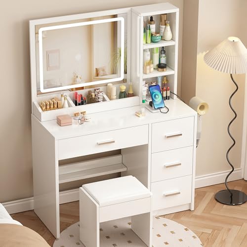 Vanity Desk with Mirror and Lights, 4-Drawer Makeup Table Set with Bench