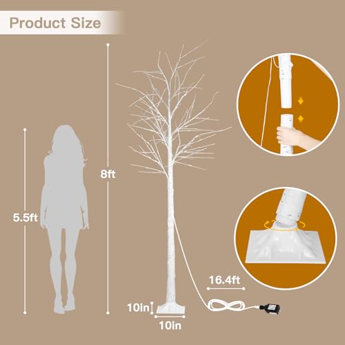 8ft Lighted Birch Tree with 150 LED Warm Lights - Indoor Outdoor Christmas Decor