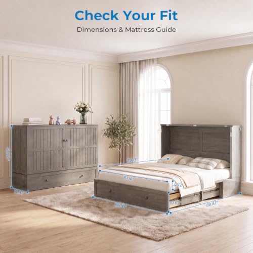 Queen Murphy Bed Cabinet with Tri-Fold Mattress, Drawers & Charging Station