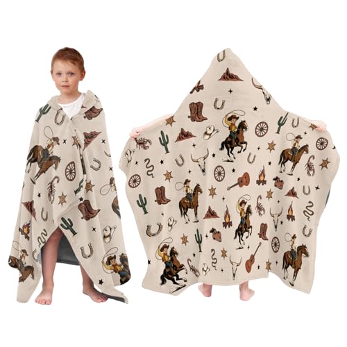 Western Cowboy Hooded Towel for Toddlers, 30"x50" Wearable Flannel Poncho