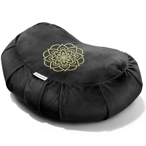 Crescent Meditation Cushion - Ergonomic Buckwheat Hull Floor Pillow (Black)