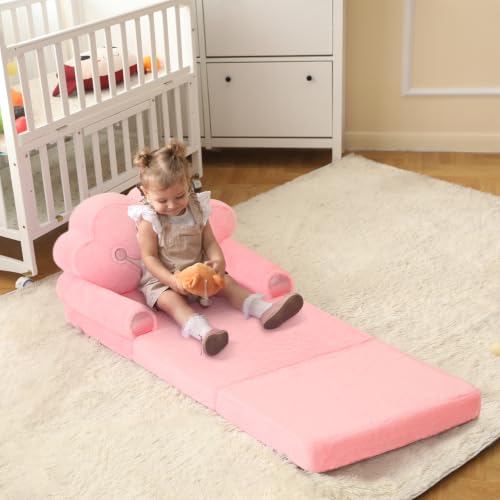 Foldable Toddler Sofa Chair, Soft Rabbit Fur Crown Kids Couch - Pink