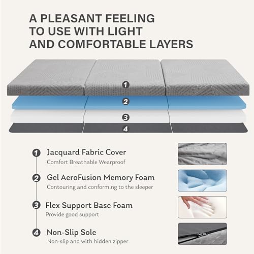 Small Single 4-Inch Gel Memory Foam Trifold Mattress - Portable Foldable Bed