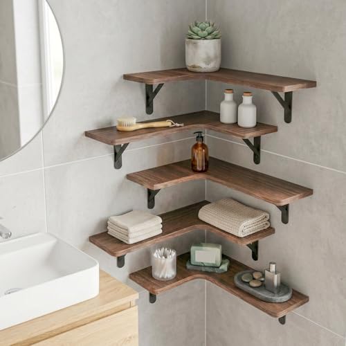 5-Piece Corner Floating Shelves, Solid Wood Wall Shelves with Metal Brackets