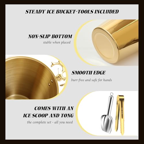 TOSELBAI Champagne & Ice Bucket Set with Stand - Large 5L Gold Stainless Steel, Includes Tongs & Scoop (2 Pack)