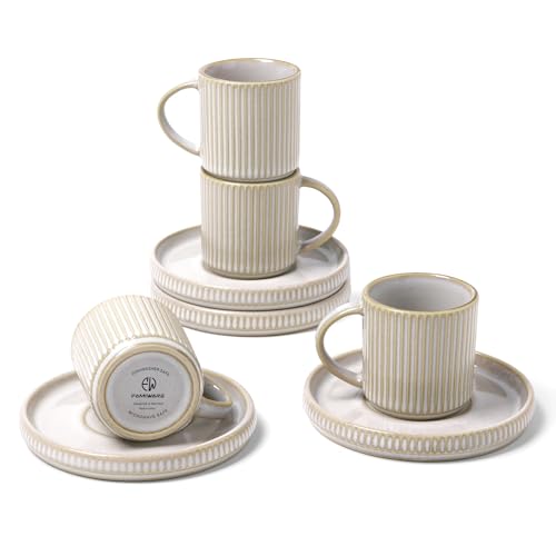 famiware 3oz Espresso Cups and Saucers Set of 4 - Cappuccino White, Handcrafted, Microwave & Dishwasher Safe