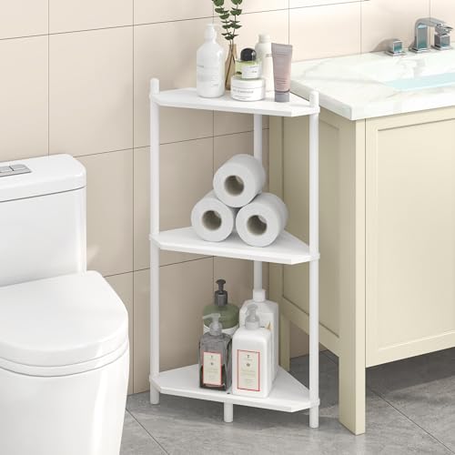 3-Tier Bamboo Corner Shelf, Small Standing Storage Organizer for Bathroom
