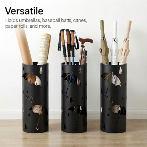 Round Metal Umbrella Stand for Entryway, Black Storage Rack with 3 Hooks