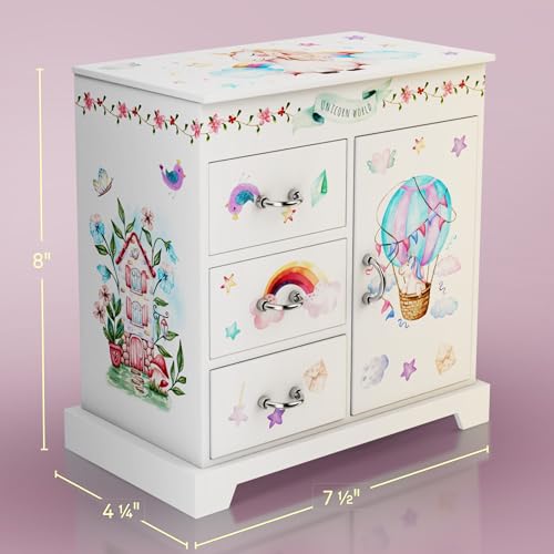 Unicorn Musical Jewelry Box with Spinning Figure and Storage Drawers