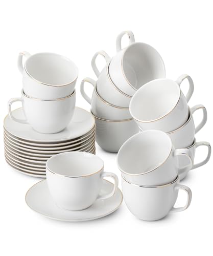 Daisy White Gold Trim 8oz Coffee & Tea Cups with Saucers Set of 12 – Brew To A Tea