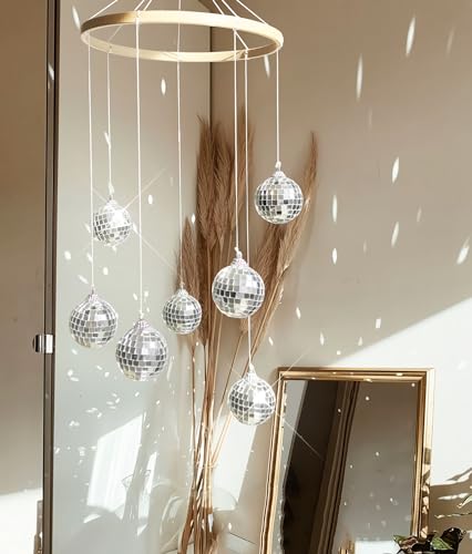Hanging Disco Ball Mobile with Bamboo Circle for Garden and Patio Decor