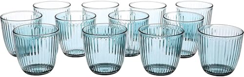 Blue Textured Water Glasses, 9.75 oz Retro Drinking Tumblers, Set of 12