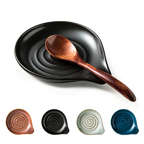 Large Ceramic Spoon Rest for Stove Top, Modern Black Kitchen Utensil Holder