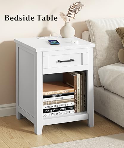 Set of 2 Farmhouse Nightstands with Charging Station, USB Ports & Drawer