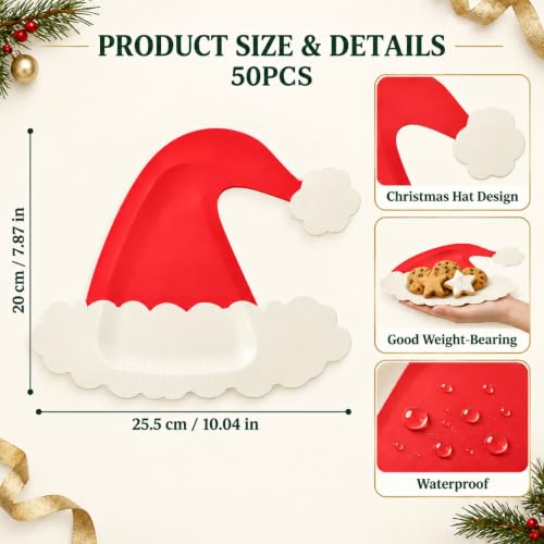 50PCS Christmas Santa Hat Paper Plates - Red Holiday Disposable Tableware
