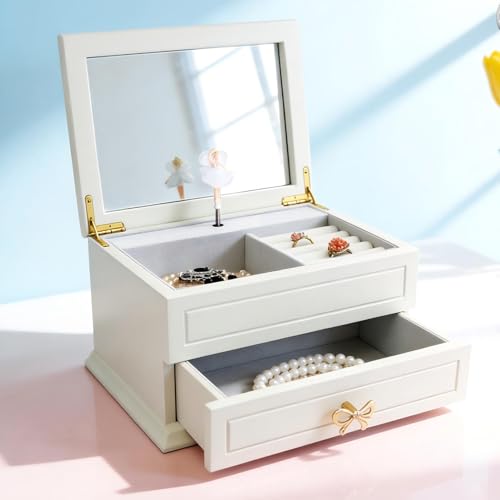 Wooden Musical Jewelry Box with Ballerina, Mirror and Drawer, 9.6-inch