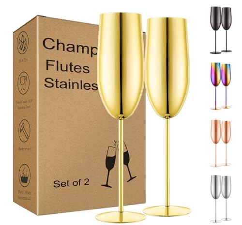 UNISWEET Gold Stainless Steel Champagne Flutes Set of 2 - Unbreakable, Long Stem, 8.5 oz Wedding & Party Toasting Glasses