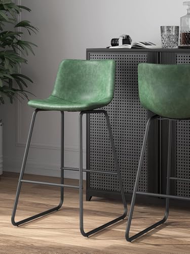 26-Inch Counter Height Bar Stools, Set of 3, Green Faux Leather with Backrest