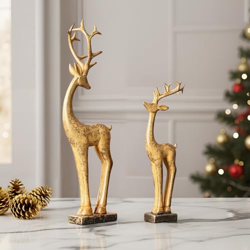 Christmas Gold Reindeer Figurines - Set of 2 Elegant Resin Holiday Centerpieces
