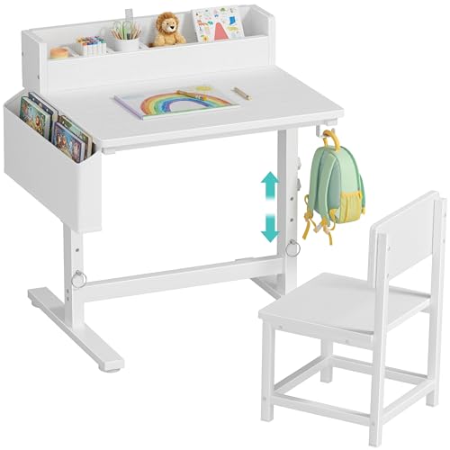 Height Adjustable Kids Desk and Chair Set with Storage for Study and Homework