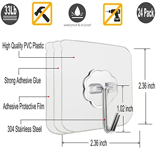 24 Pack Heavy Duty Adhesive Wall Hooks 33lb Waterproof Clear Sticky Hooks