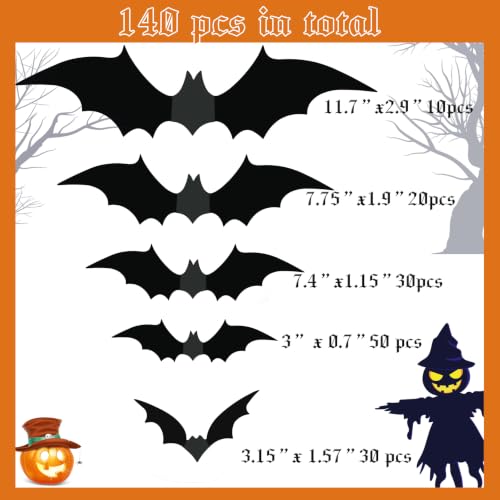 140pcs 3D Halloween Bat Wall Stickers, Reusable PVC Bat Decor for Party