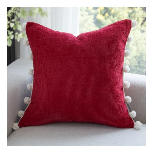 Red Boho Pom Pom Throw Pillow Cover 20x20 Inches - Pack of 1, Decorative Cushion Cover