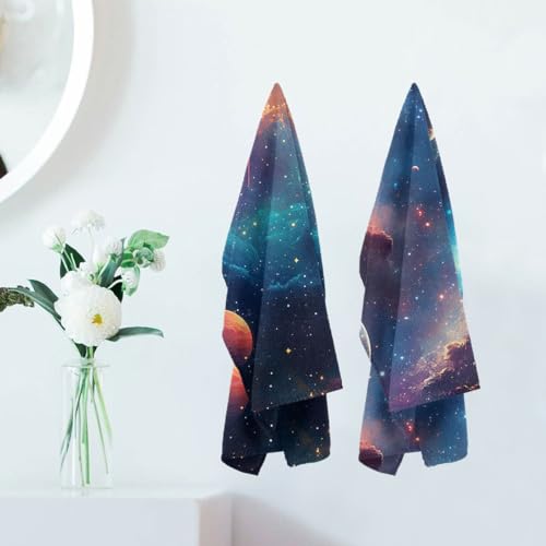Space Hand Towels, 2-Piece Alien Galaxy Decorative Set for Bathroom Kitchen