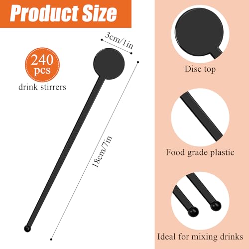Akamino 7-Inch Plastic Cocktail Drink Stirrers - 240 Pcs, Disc Top Swizzle Sticks