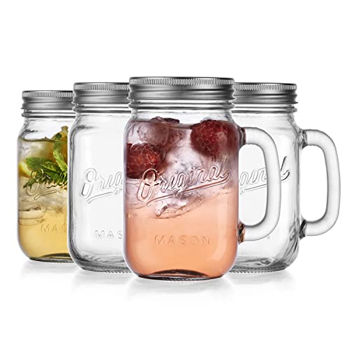 Glaver's Set of 4 16Oz Mason Jar Glass Mugs with Handle & Lid - Home Essentials