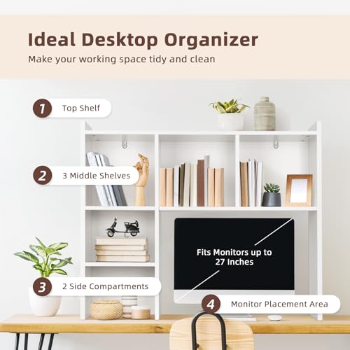 35.5" Desk Hutch with 5 Shelves - White Desktop Bookshelf Organizer