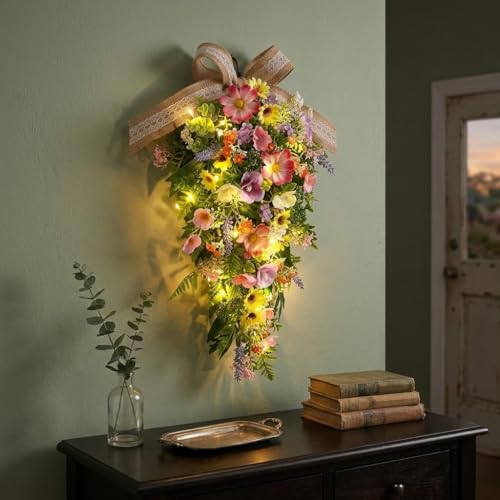 Artificial Floral Teardrop Swag with LED Lights for Front Door Decor