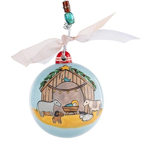 Glory Haus Hand-Painted 'Christ The Savior is Born' Blue Ceramic Christmas Ornament - Nativity Holiday Decor & Gift Box