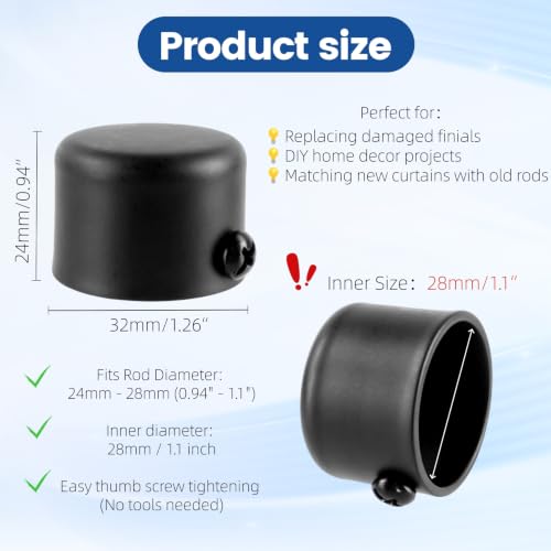 10 Pcs Round Curtain Rod Finials, 1.1 Inch Drapery Pole End Caps - Black