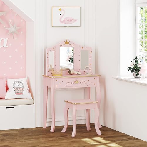 Kids Princess Vanity Table and Chair Set with Tri-Fold Mirror and Drawer