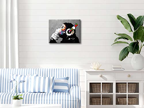 Monkey with Headphones Pop Art Canvas Print - 12x16 Inch Stretched Wall Art