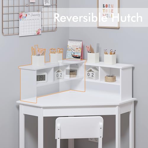 Wooden Kids Corner Desk and Chair Set with Hutch and Bulletin Board