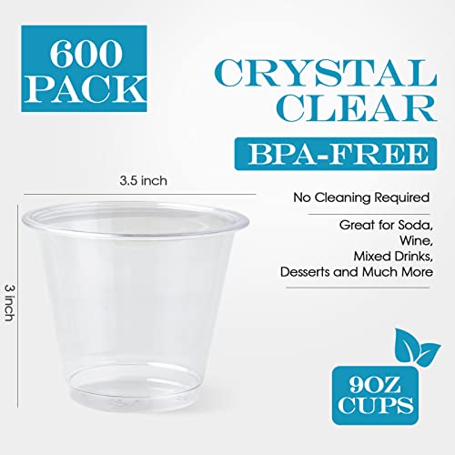 Turbo Bee 600 Pack 9oz Clear PET Cups - Disposable Cocktail Tumblers for Weddings & Parties