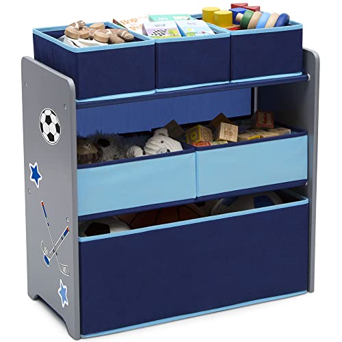 6-Bin Kids Toy Organizer with Reusable Stickers, Grey and Blue