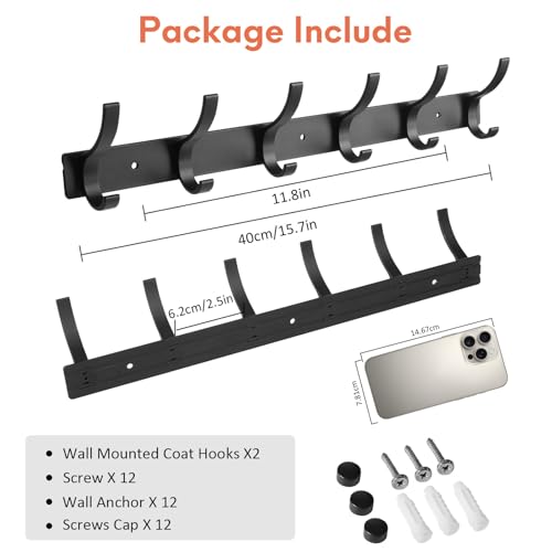 Wall Mounted Coat Rack - 12 Hook Aluminum Entryway Hanger (2 Pack, Black)
