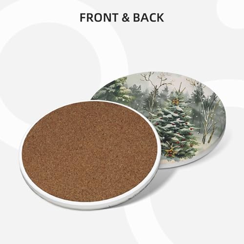 HOYYU Winter Christmas Tree Drink Coasters Set of 4 with Cork Base - Holiday Absorbent Ceramic Drink Mats for Coffee & Bar Tables