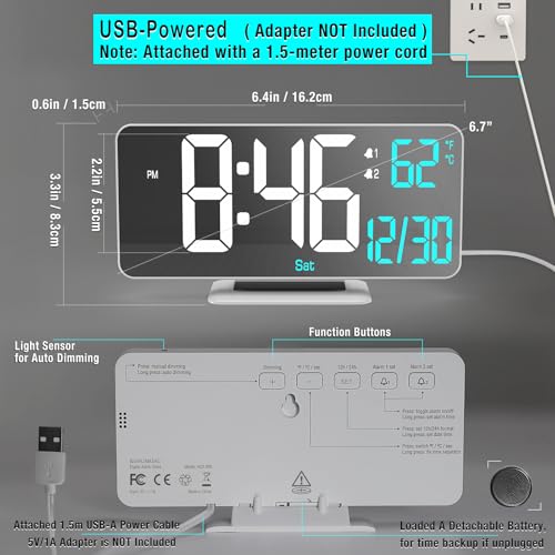 6.7" Digital LED Desk Alarm Clock with Temperature, Date & Dimmer