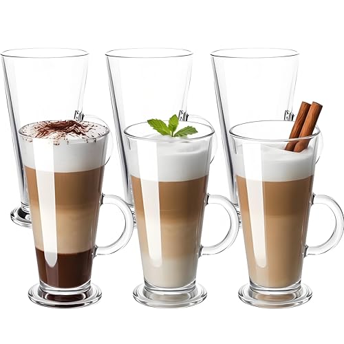 WUWEOT 6 Pack 9oz Irish Coffee Glass Mugs with Handle - Hot & Cold Drinkware