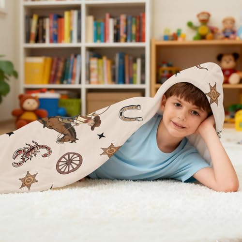 Western Cowboy Hooded Towel for Toddlers, 30"x50" Wearable Flannel Poncho